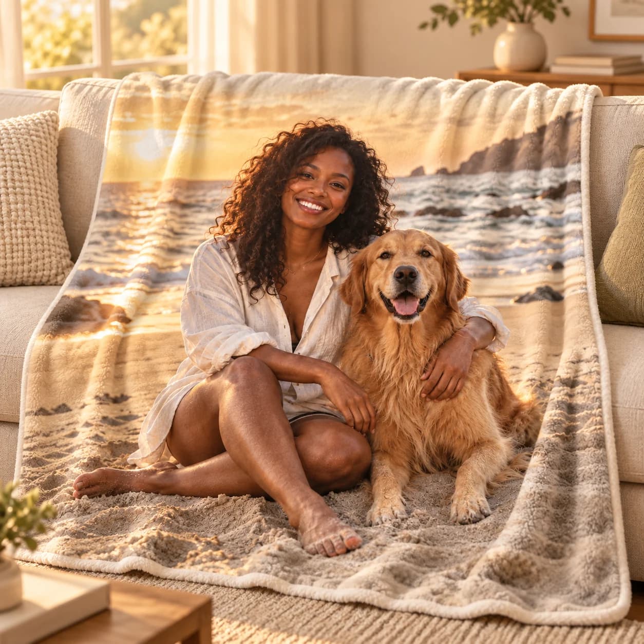 A pet portrait printed on a cozy blanket