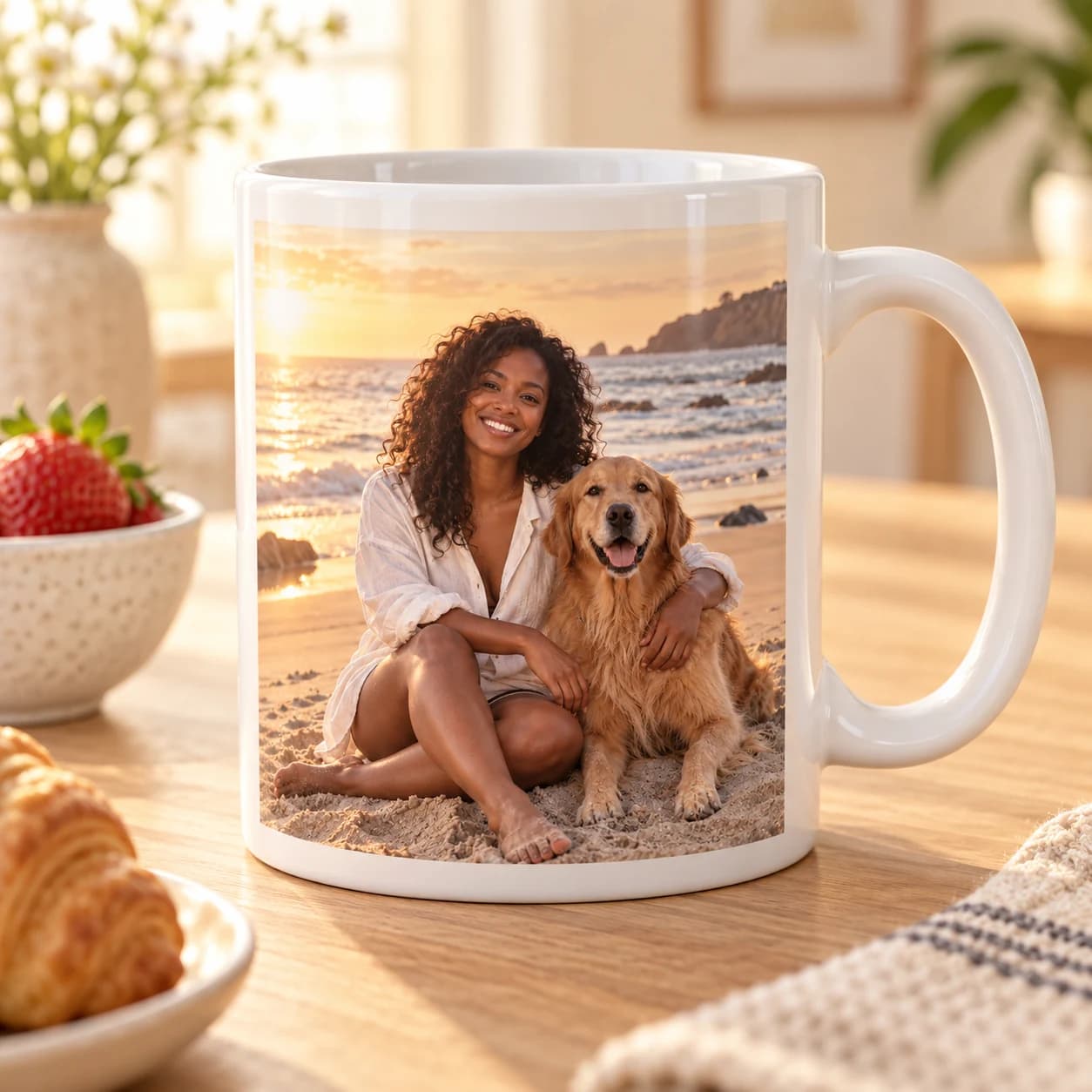 A pet portrait printed on a ceramic mug