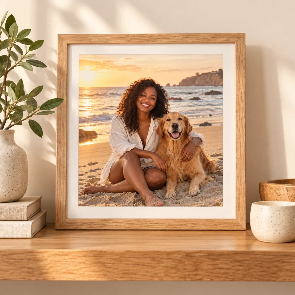 A pet portrait displayed as a framed print